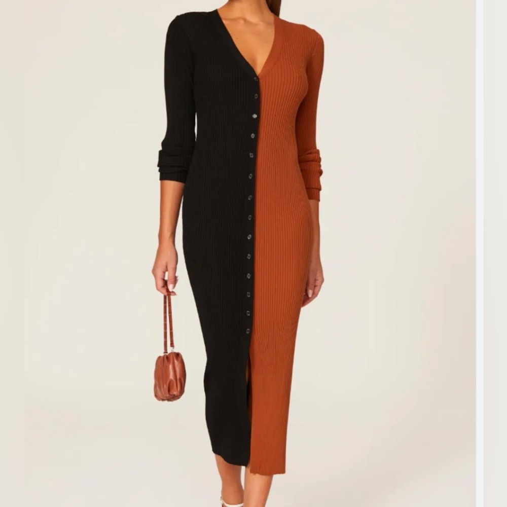 STAUD Shoko long Cardigan Dress in Brown and Black, size L